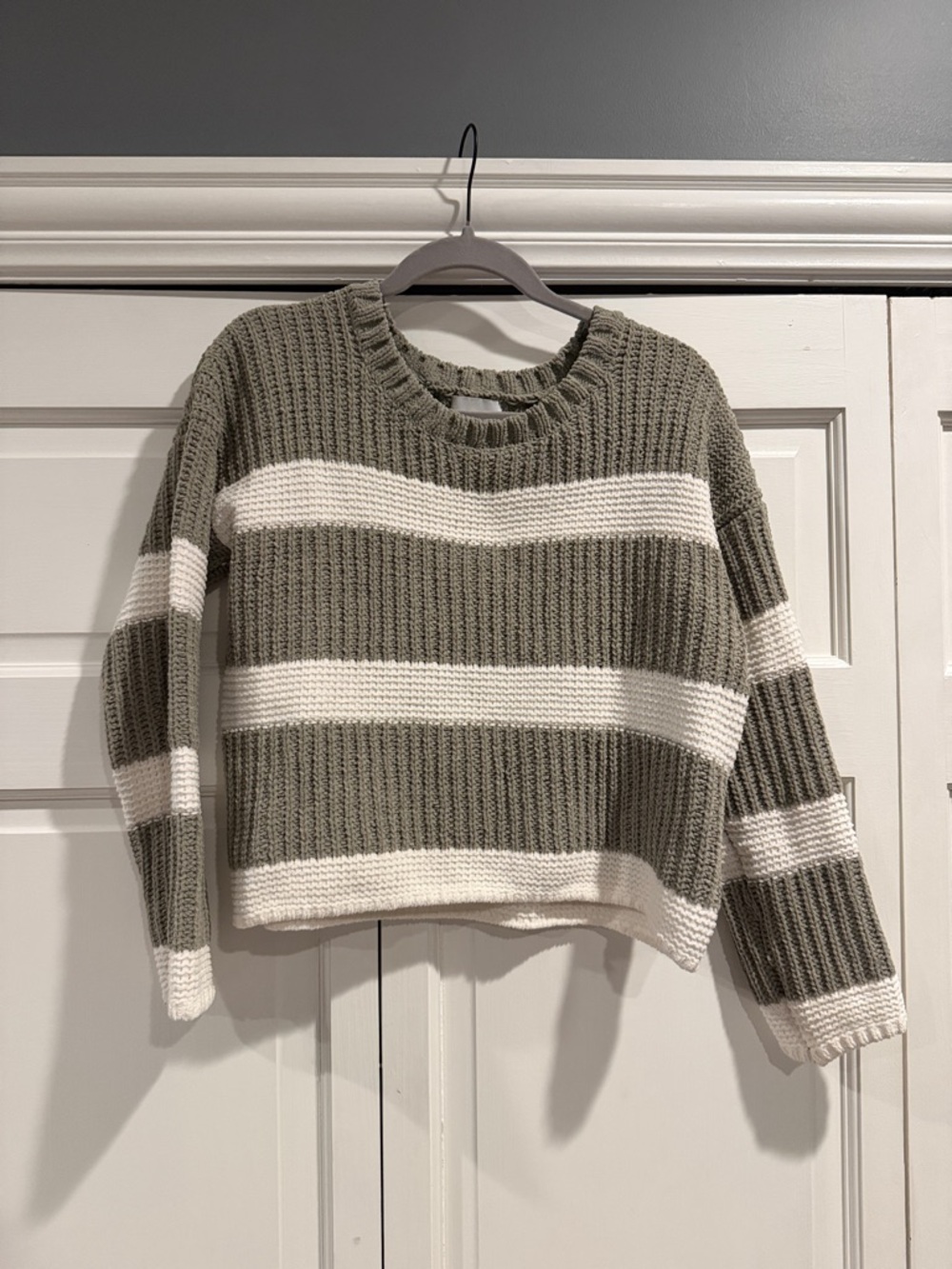 Pink Rose Olive Green & White Striped Crewneck Sweater